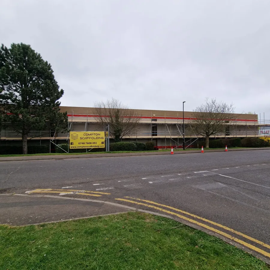 Commercial scaffolding along the frontage of a retail unit in Oxford